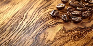 木质桌面上的咖啡豆