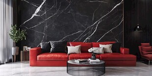 红沙发搭配黑色大理石客厅