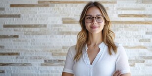 微笑白衬衫女士靠墙而立