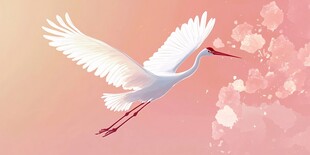白鹭展翅于粉色繁花间