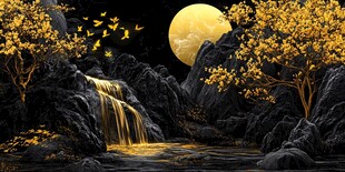 月夜金瀑 自然梦幻之景