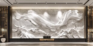 中式大厅鲤鱼浮雕艺术墙