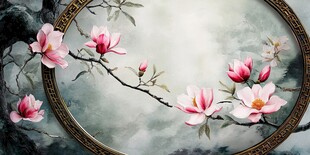 中式圆环中的玉兰花景