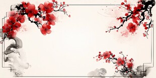 中式水墨红梅边框背景图