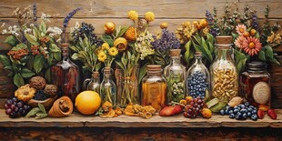 瓶中花卉与多彩果实陈列