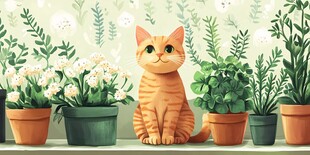 橘猫与绿植的温馨画面
