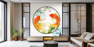 中式客厅的灵动锦鲤壁画