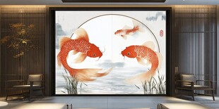 中式客厅中的金鲤艺术画