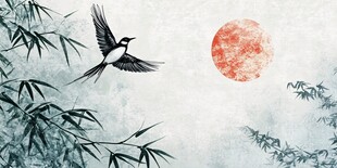 飞鸟伴月栖竹林意境图