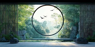 中式圆窗景 飞鸟入翠林