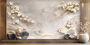 中式雅致花鸟山水背景墙