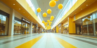 明亮商场内悬挂的黄色气球