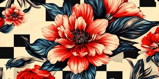 复古花卉黑白格纹图案