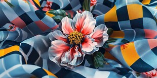 格纹布上绽放的娇艳花朵