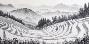 水墨梯田与远山景致