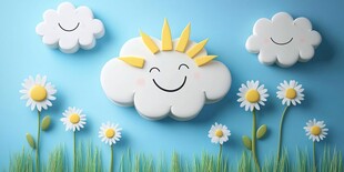 微笑云朵与雏菊的梦幻场景