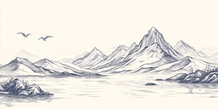 水墨山水间飞鸟掠湖景