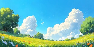 梦幻草地蓝天云朵风景图