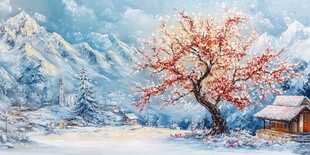 冬日雪景中的红树与小屋