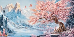 梦幻仙山桃林飞鸟美景