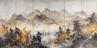 水墨山水秋景屏风画