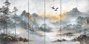 水墨山水间飞鸟掠过美景