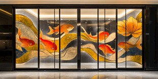 中式锦鲤艺术玻璃隔断
