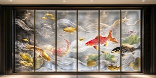 中式锦鲤玻璃艺术装饰画