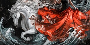 红衣女子与独角兽踏浪图