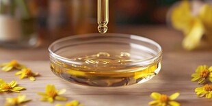 金黄药液滴入透明器皿中