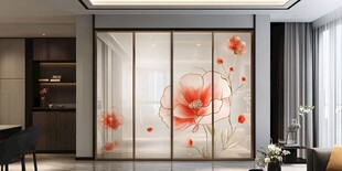 中式花卉玻璃隔断客厅美