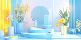 清新蓝调花卉陈列展示台