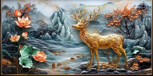 金鹿栖于山水花卉间