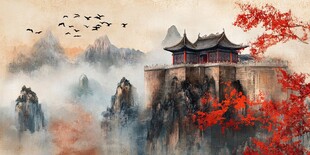 水墨山水间的古韵楼阁