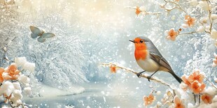 雪中栖枝的小鸟与繁花