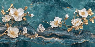 玉兰花饰于蓝绿山水间