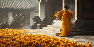 僧尼持花于满地黄菊寺院