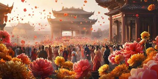 古风庆典人群繁花共赏景