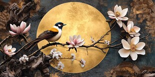 玉兰花枝上的小鸟与圆月