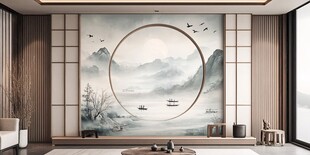 中式客厅山水壁画装饰风