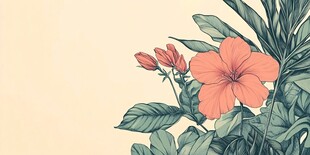 手绘扶桑花与绿叶背景图