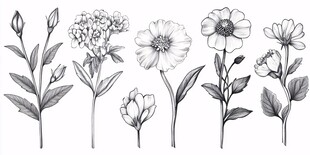 手绘黑白花卉植物插画