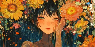 花簇中的忧郁少女