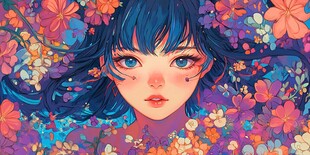 花海中的梦幻蓝发少女