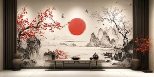 中式山水红日花鸟背景墙