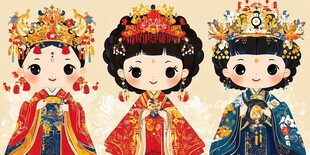 中式古风可爱新娘插画