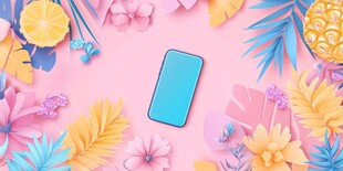 夏日缤纷花卉中的蓝色手机