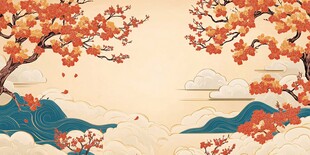 秋景中式风 红叶山川云海