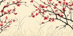 水墨红梅与野草意境图