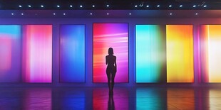 多彩背景前的时尚模特身影